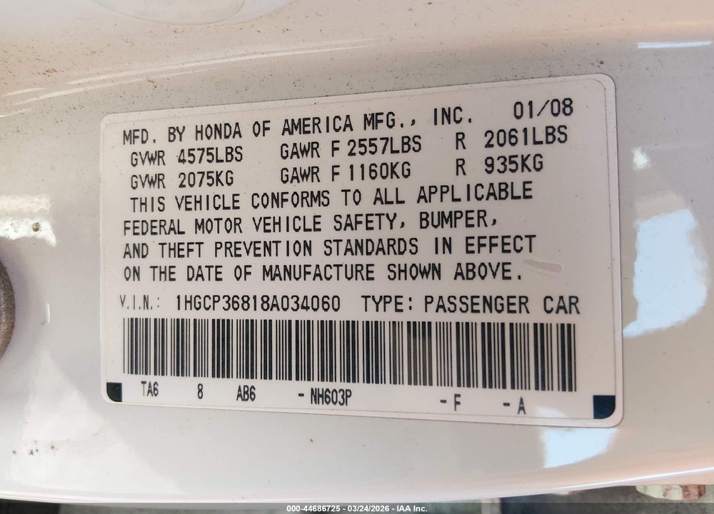 2008 HONDA ACCORD 3.5 EX-L VIN: 1HGCP36818A034060