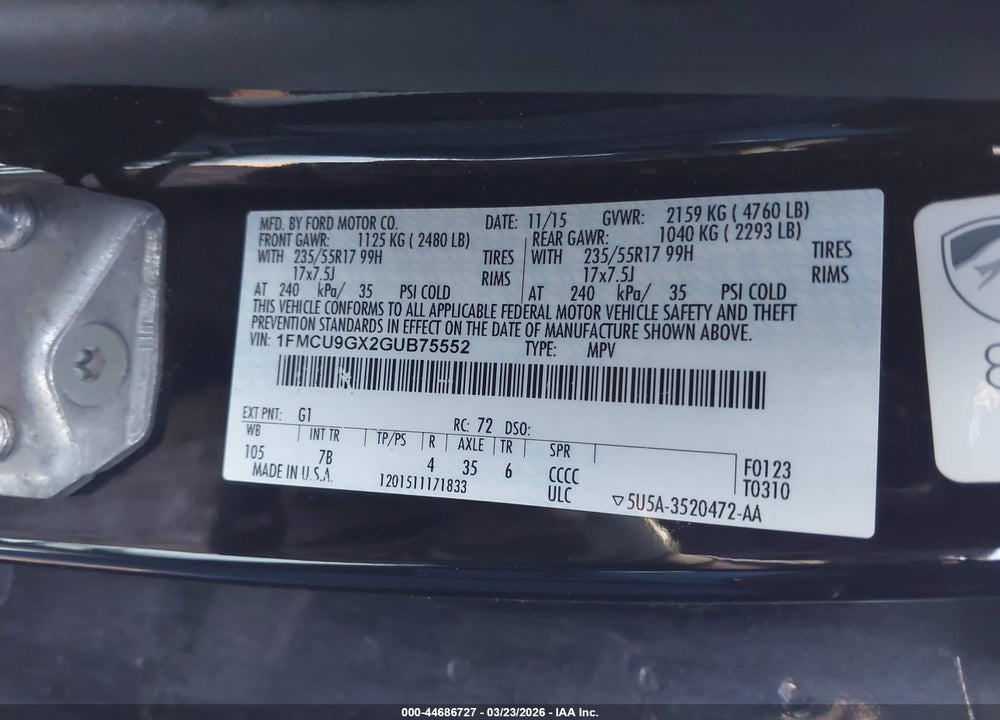 2016 FORD ESCAPE SE VIN: 1FMCU9GX2GUB75552