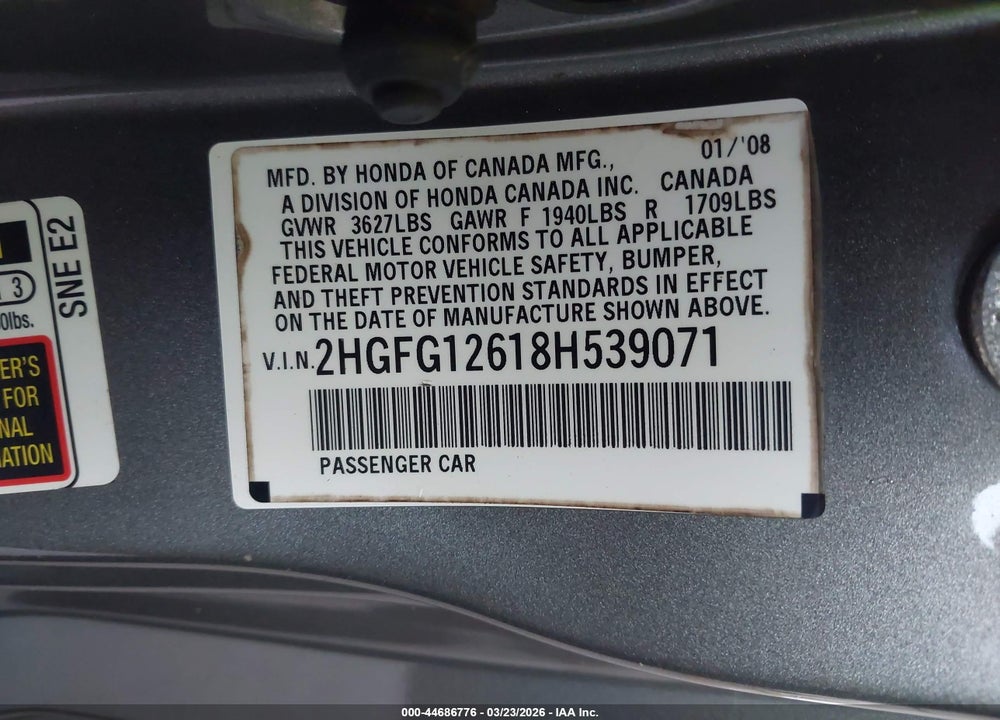 2008 HONDA CIVIC LX VIN: 2HGFG12618H539071