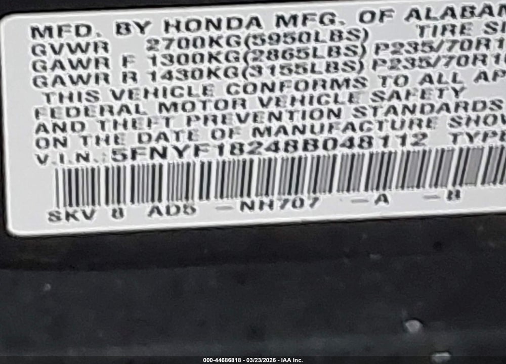 2008 HONDA PILOT VP VIN: 5FNYF18248B048112