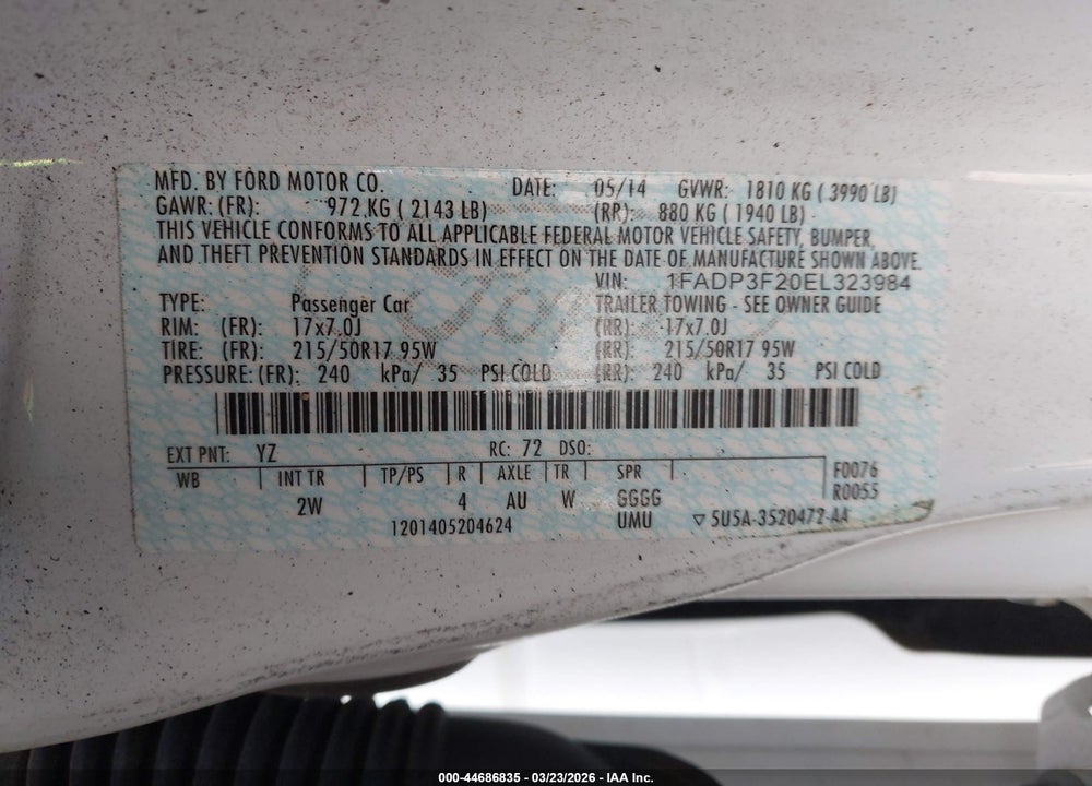 2014 FORD FOCUS SE VIN: 1FADP3F20EL323984