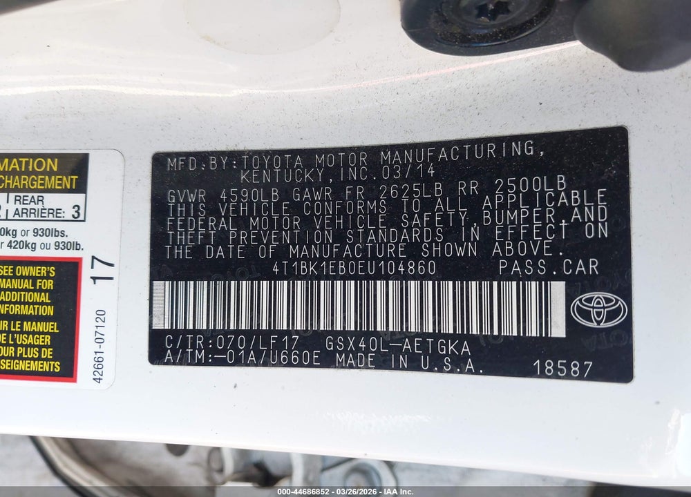 2014 TOYOTA AVALON XLE PREMIUM VIN: 4T1BK1EB0EU104860