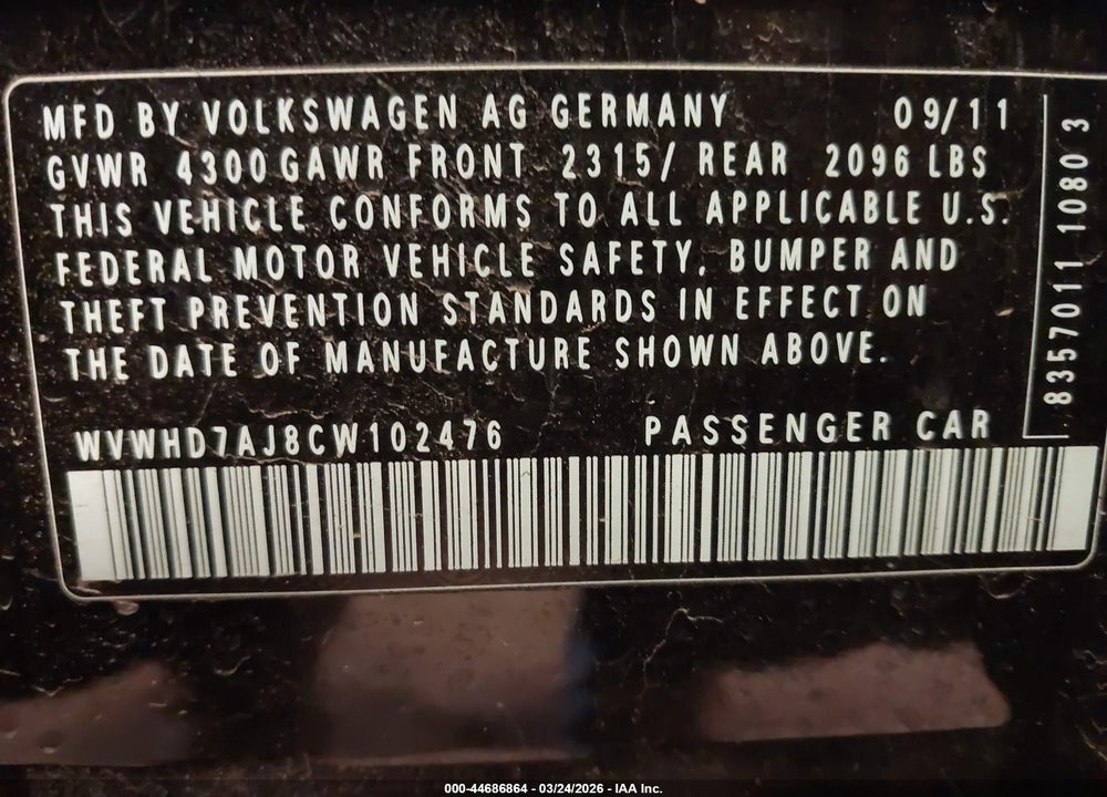 2012 VOLKSWAGEN GTI VIN: WVWHD7AJ8CW102476