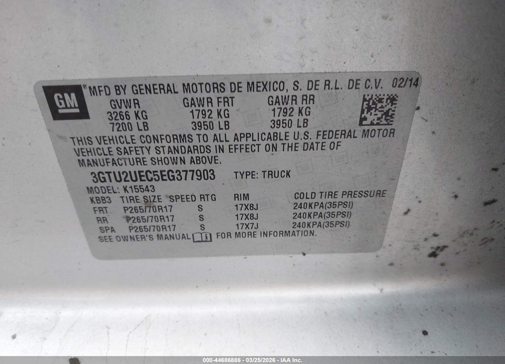 2014 GMC SIERRA 1500 SLE VIN: 3GTU2UEC5EG377903