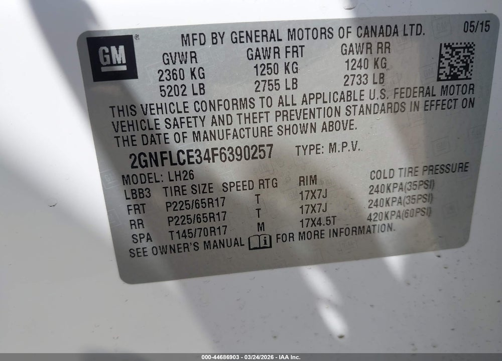 2015 CHEVROLET EQUINOX 2LT VIN: 2GNFLCE34F6390257