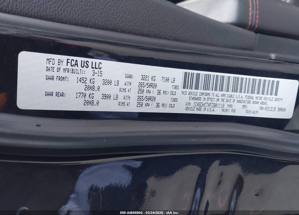 2015 DODGE DURANGO R/T VIN: 1C4SDHCTXFC801110