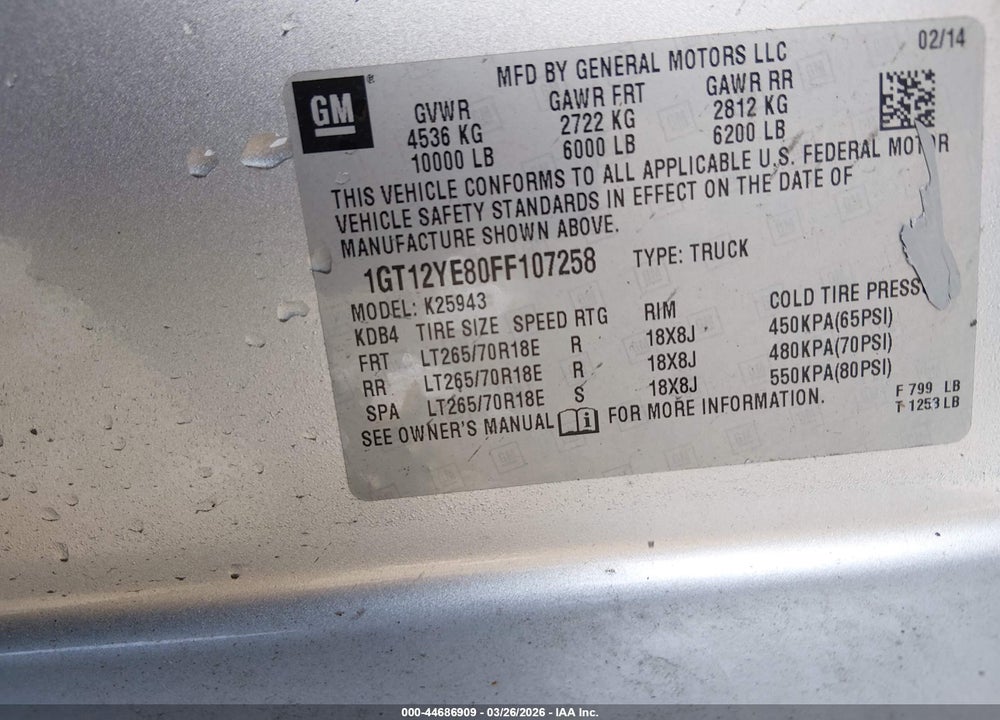2015 GMC SIERRA 2500HD SLE VIN: 1GT12YE80FF107258