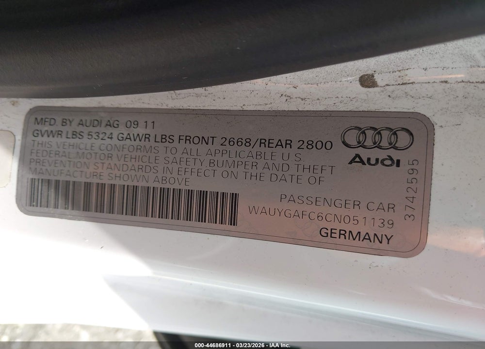 2012 AUDI A7 PREMIUM VIN: WAUYGAFC6CN051139