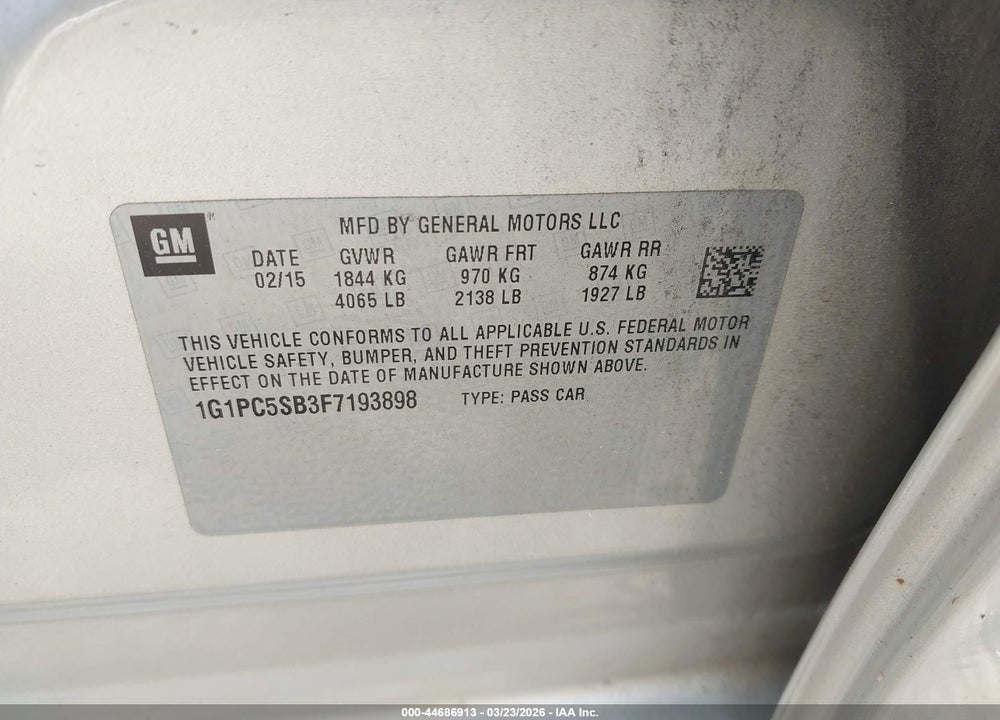 2015 CHEVROLET CRUZE 1LT AUTO VIN: 1G1PC5SB3F7193898