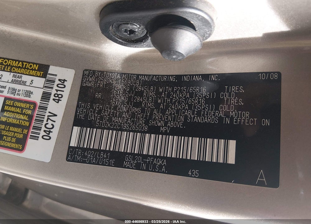 2009 TOYOTA SIENNA XLE VIN: 5TDZK22C19S265038