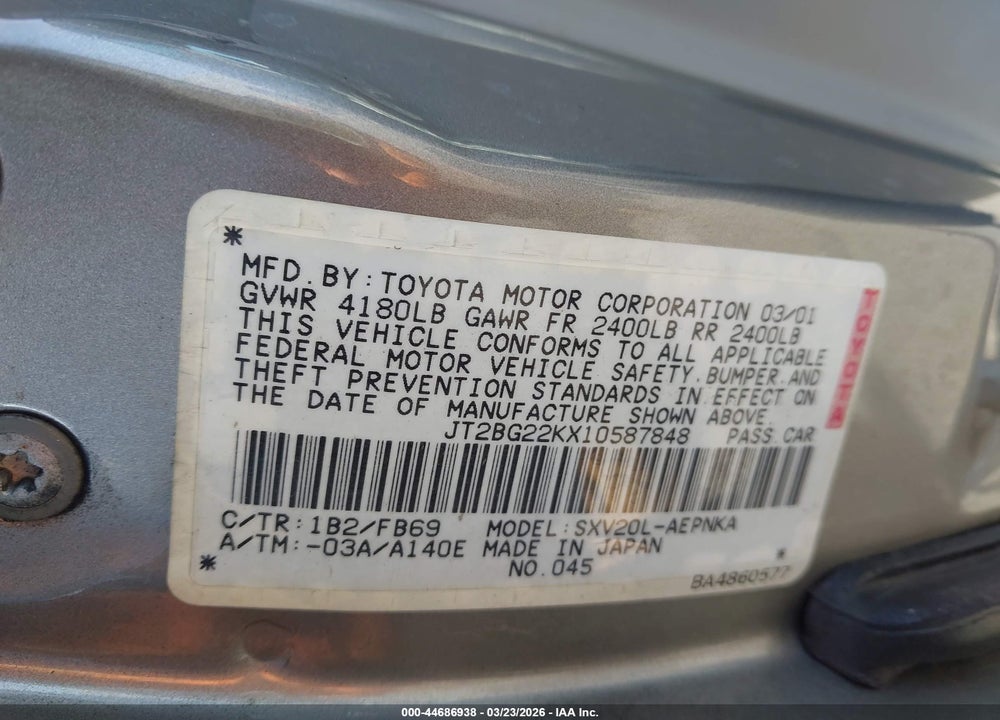 2001 TOYOTA CAMRY LE VIN: JT2BG22KX10587848