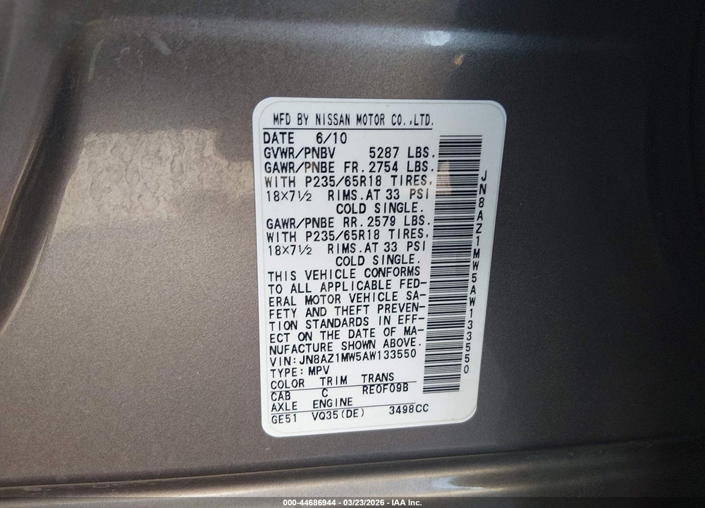 2010 NISSAN MURANO SL VIN: JN8AZ1MW5AW133550