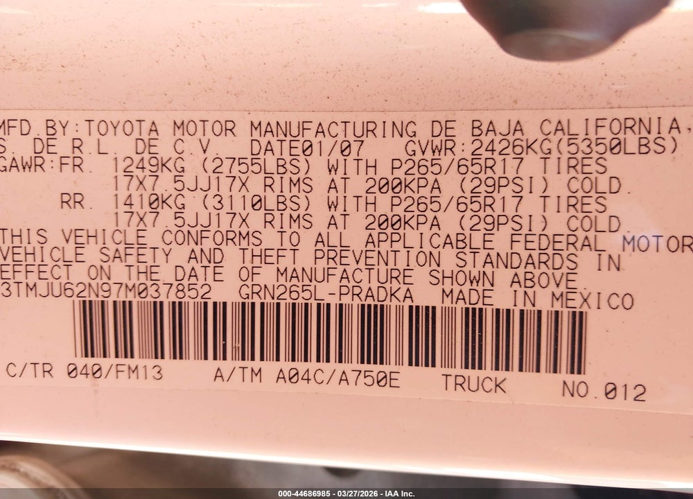 2007 TOYOTA TACOMA PRERUNNER V6 VIN: 3TMJU62N97M037852
