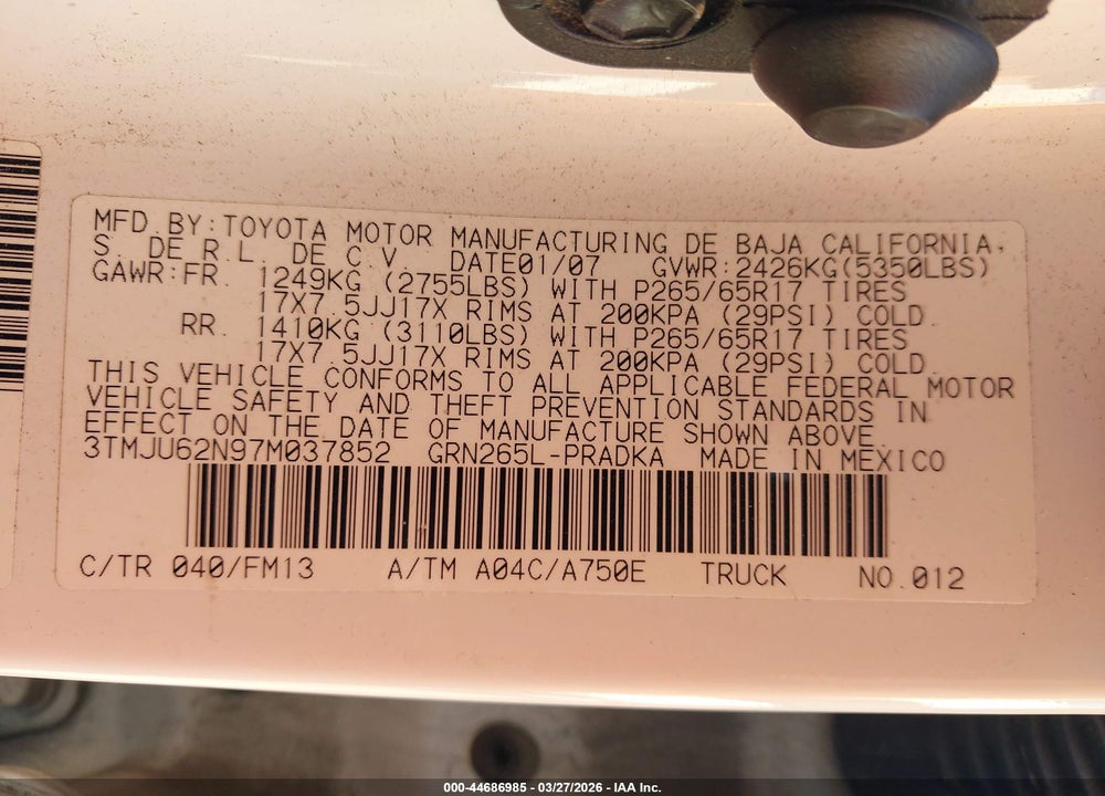 2007 TOYOTA TACOMA PRERUNNER V6 VIN: 3TMJU62N97M037852