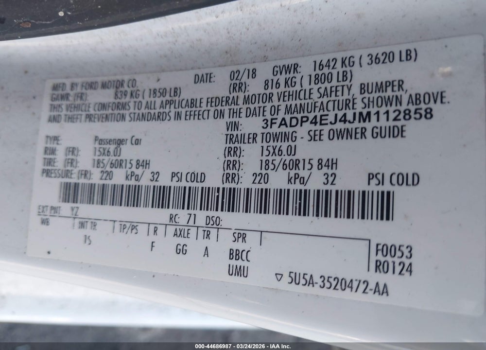 2018 FORD FIESTA SE VIN: 3FADP4EJ4JM112858
