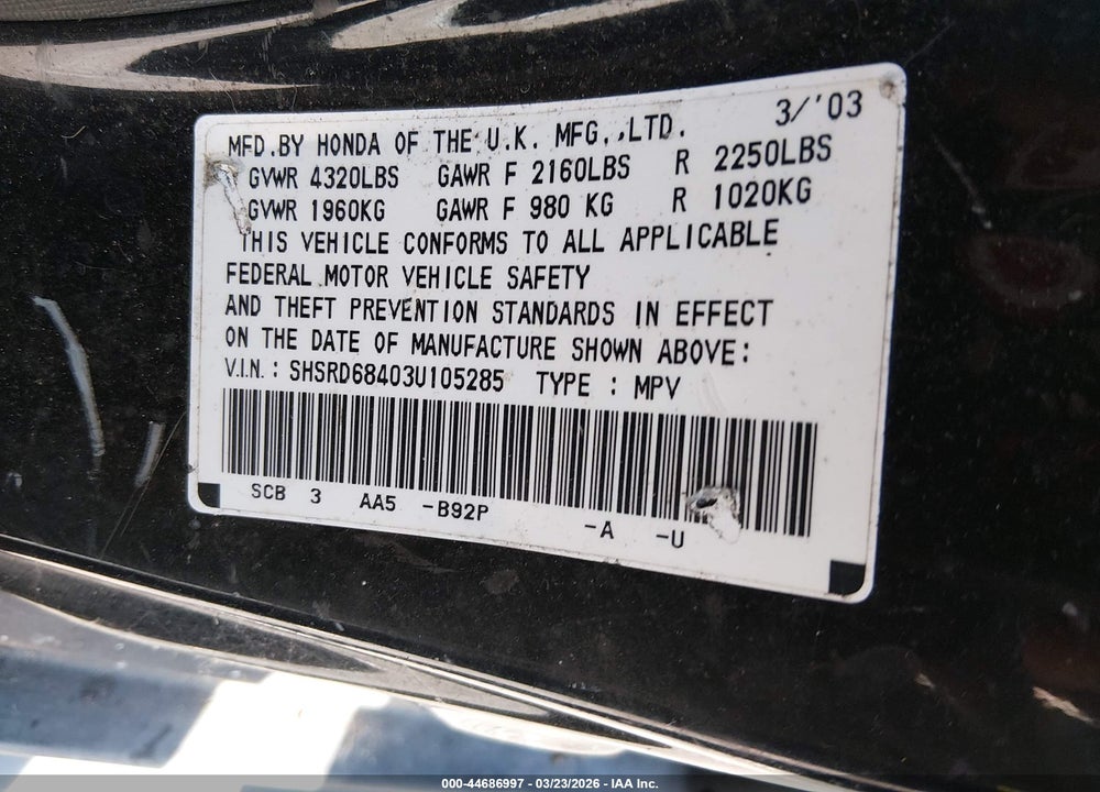 2003 HONDA CR-V LX VIN: SHSRD68403U105285