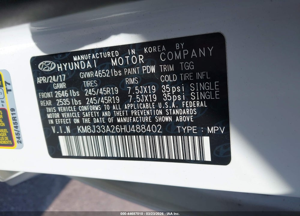 2017 HYUNDAI TUCSON SPORT VIN: KM8J33A26HU488402