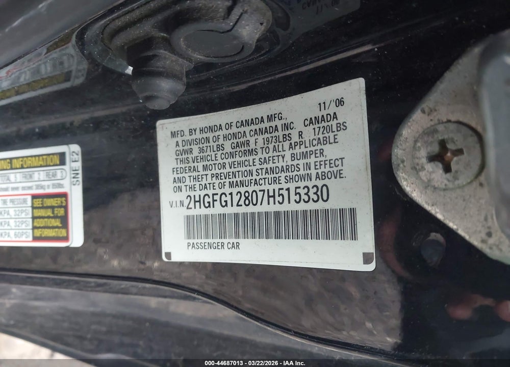 2007 HONDA CIVIC EX VIN: 2HGFG12807H515330