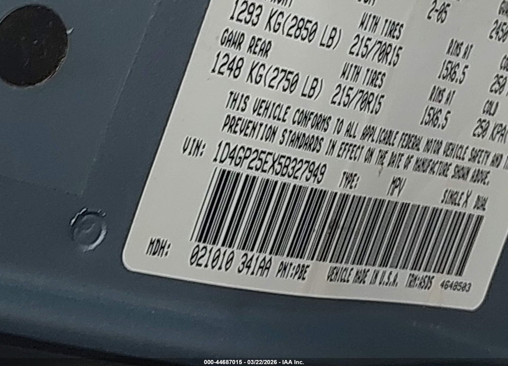 2005 DODGE CARAVAN SE VIN: 1D4GP25EX5B327949