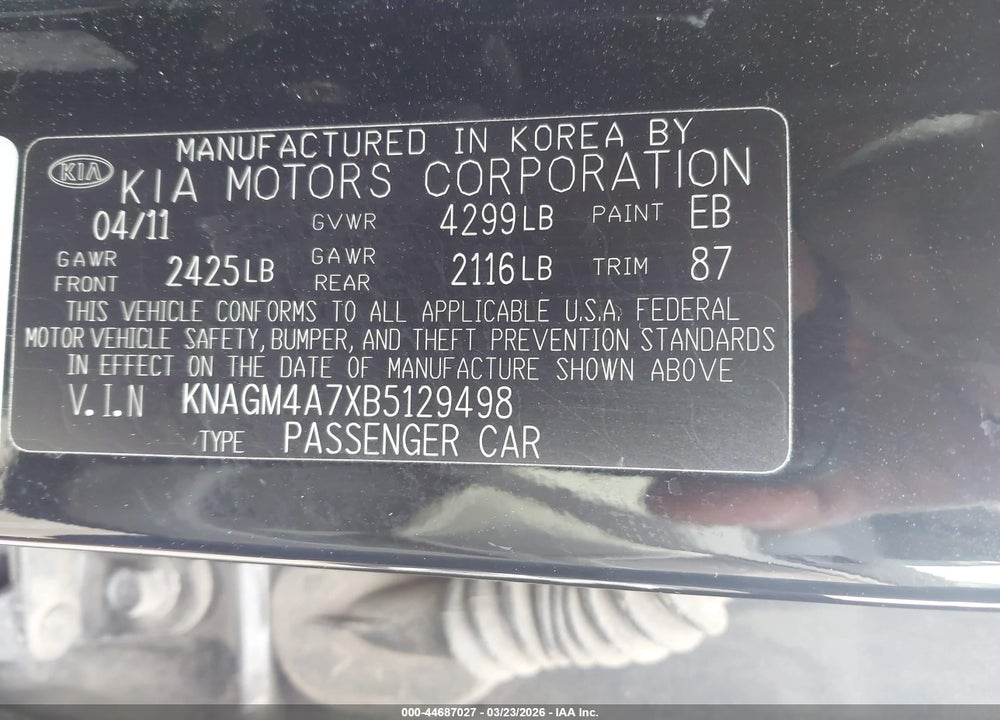 2011 KIA OPTIMA LX VIN: KNAGM4A7XB5129498