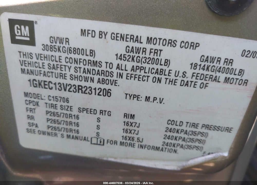 2003 GMC YUKON SLT VIN: 1GKEC13V23R231206