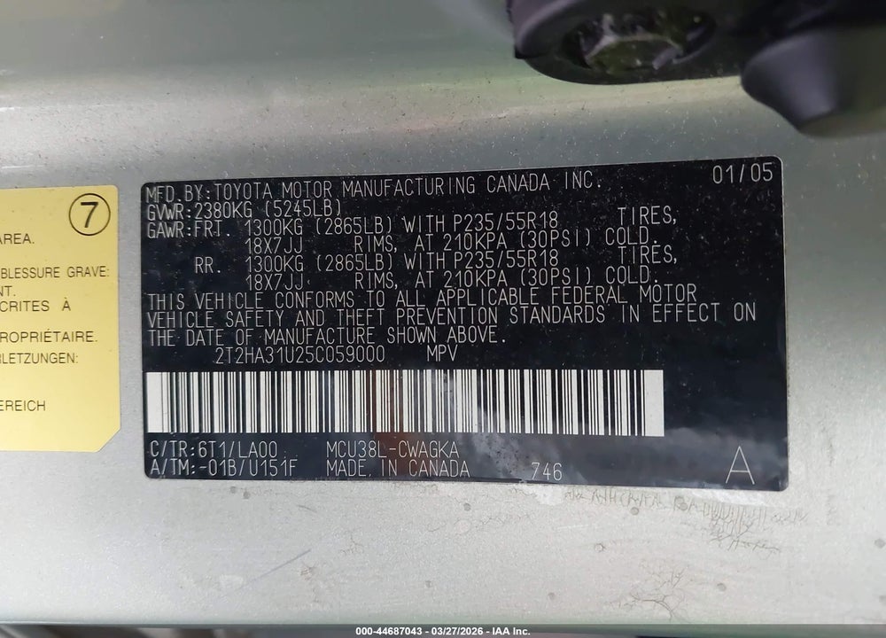 2005 LEXUS RX 330 VIN: 2T2HA31U25C059000