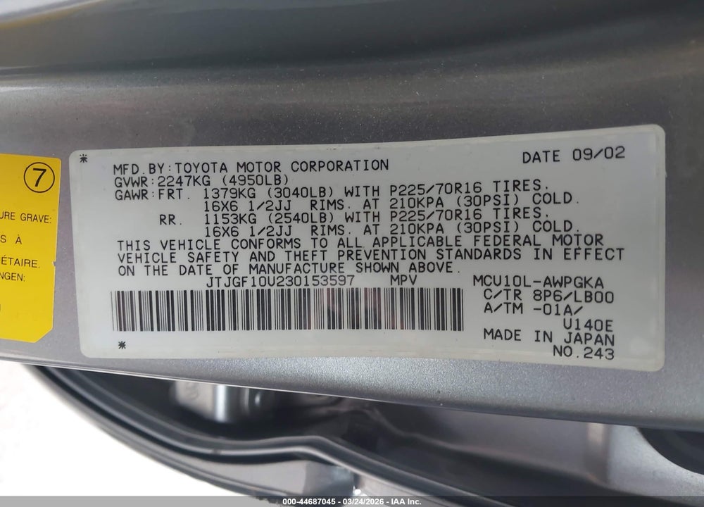 2003 LEXUS RX 300 VIN: JTJGF10U230153597