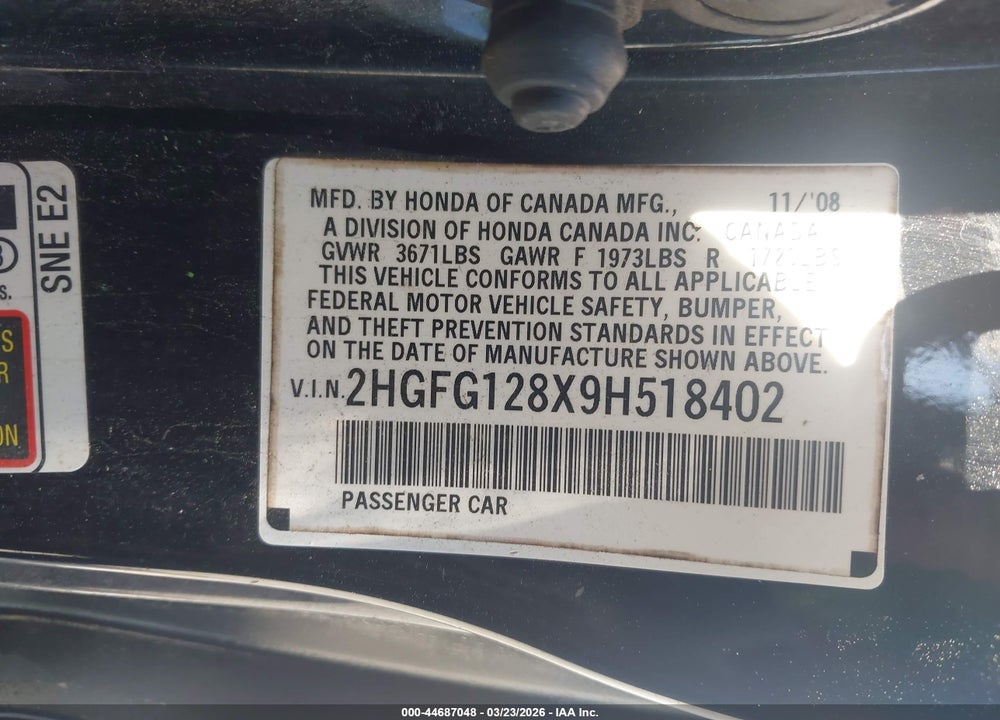 2009 HONDA CIVIC EX VIN: 2HGFG128X9H518402