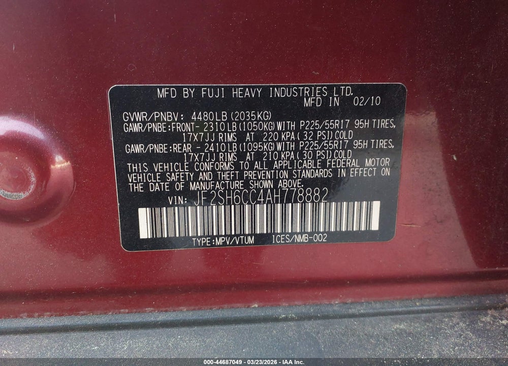 2010 SUBARU FORESTER 2.5X PREMIUM VIN: JF2SH6CC4AH778882