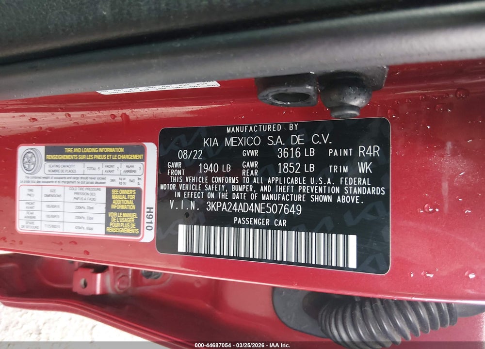 2022 KIA RIO S VIN: 3KPA24AD4NE507649