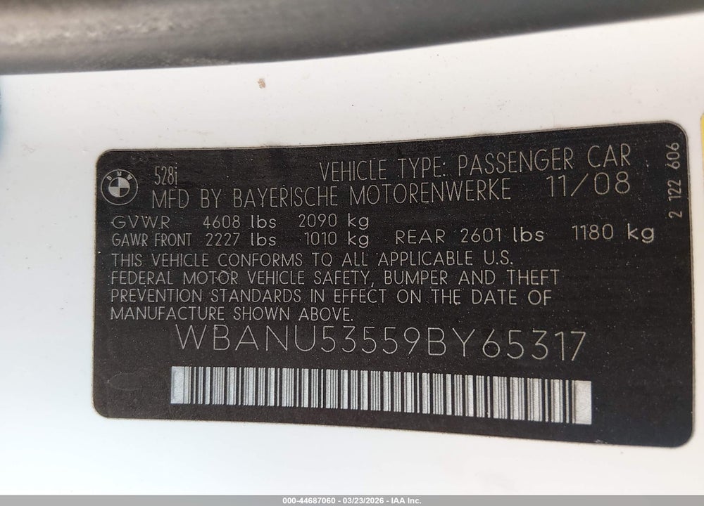 2009 BMW 528I VIN: WBANU53559BY65317
