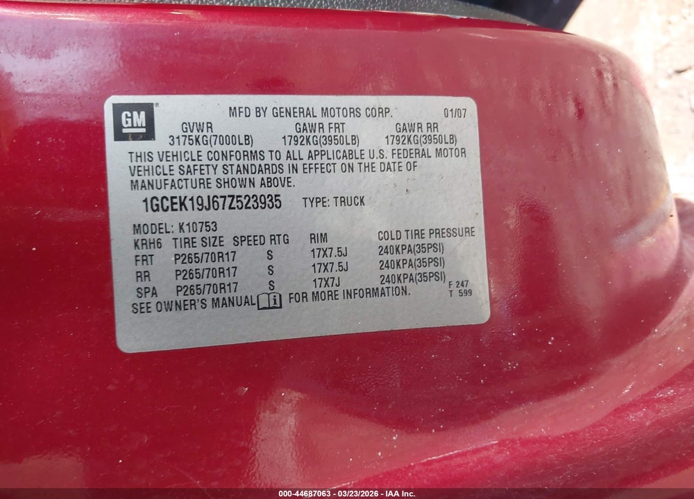 2007 CHEVROLET SILVERADO 1500 LT1 VIN: 1GCEK19J67Z523935