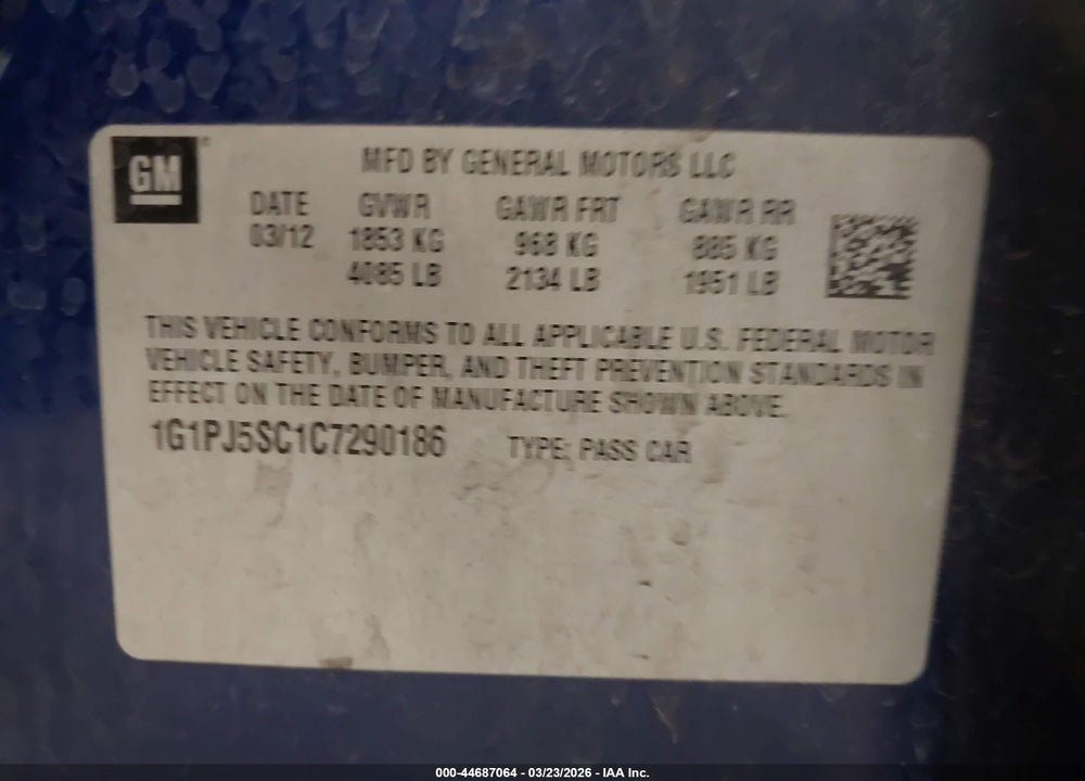 2012 CHEVROLET CRUZE ECO VIN: 1G1PJ5SC1C7290186