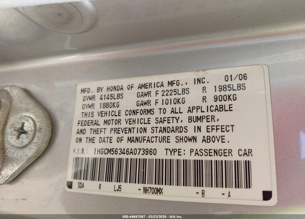 2006 HONDA ACCORD 2.4 SE VIN: 1HGCM56346A073960