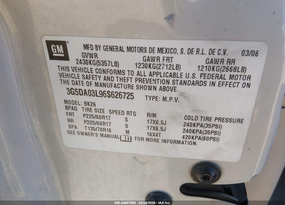2006 BUICK RENDEZVOUS CX VIN: 3G5DA03L96S626725