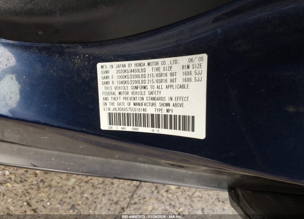 2005 HONDA CR-V LX VIN: JHLRD68575C018146