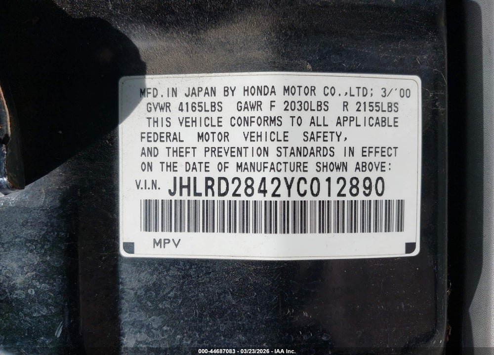 2000 HONDA CR-V LX VIN: JHLRD2842YC012890
