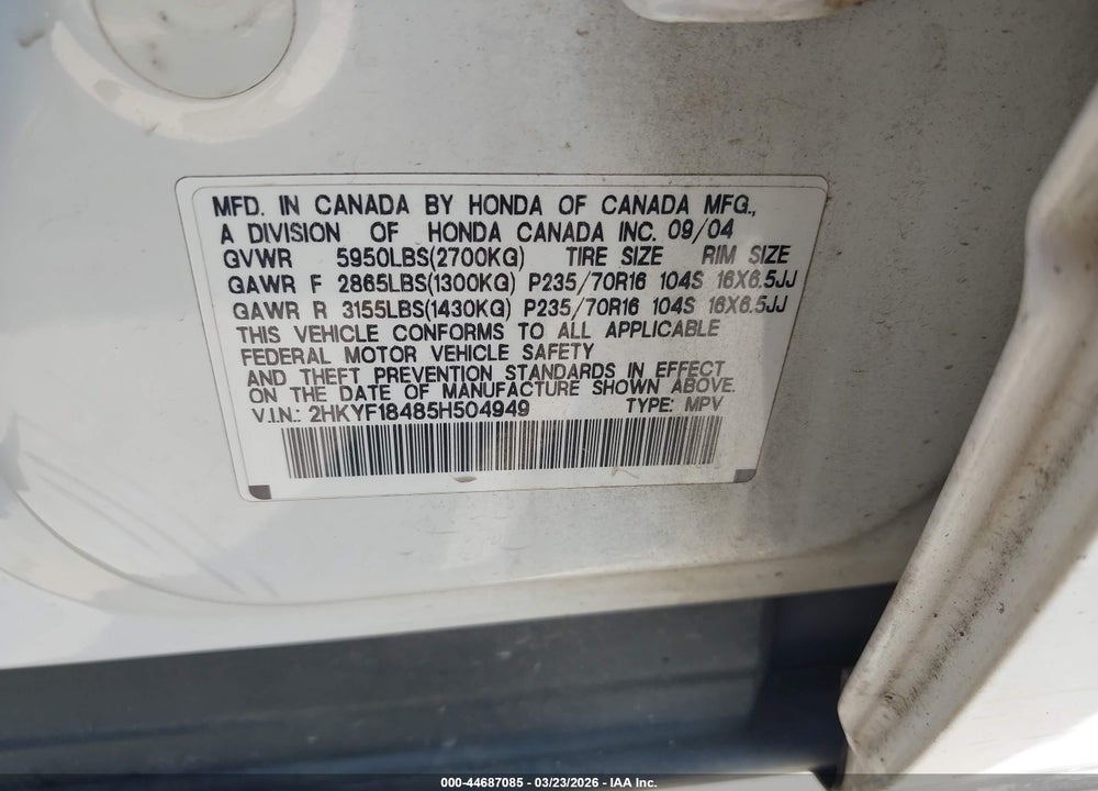 2005 HONDA PILOT EX VIN: 2HKYF18485H504949