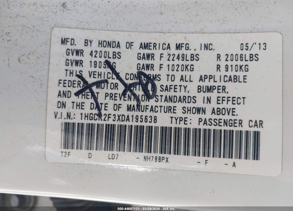 2013 HONDA ACCORD LX VIN: 1HGCR2F3XDA195638