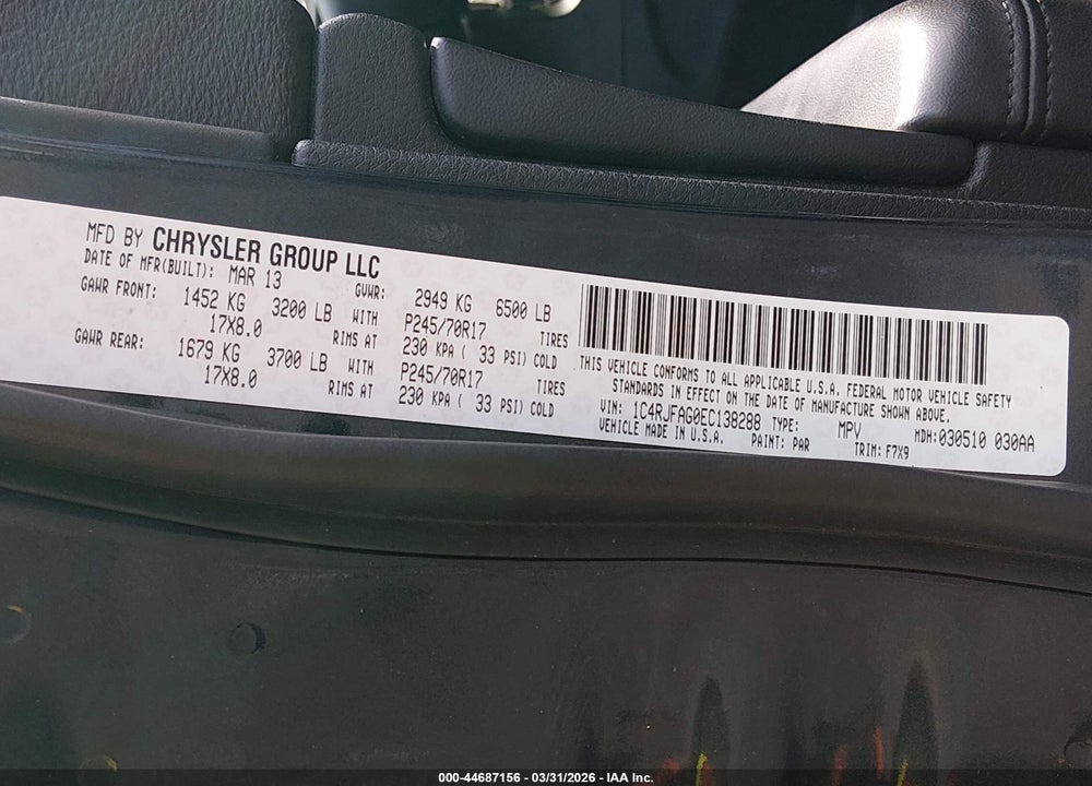 2014 JEEP GRAND CHEROKEE LAREDO VIN: 1C4RJFAG0EC138288