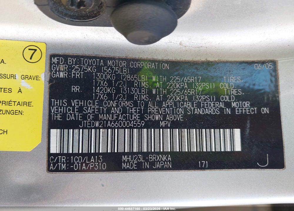 2006 TOYOTA HIGHLANDER HYBRID LIMITED V6 VIN: JTEDW21A660004559