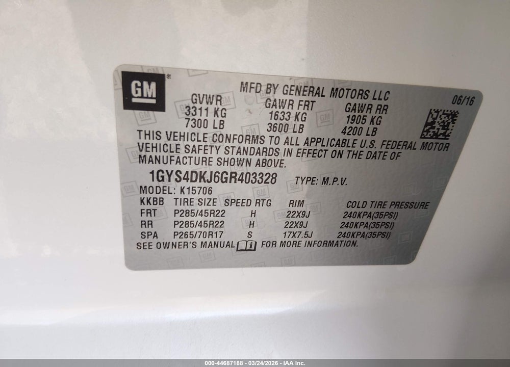 2016 CADILLAC ESCALADE PLATINUM VIN: 1GYS4DKJ6GR403328