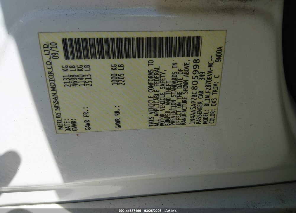 2011 NISSAN MAXIMA 3.5 SV VIN: 1N4AA5AP2BC805998