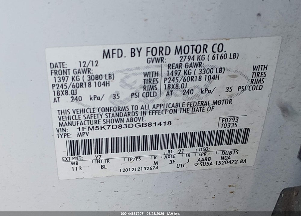 2013 FORD EXPLORER XLT VIN: 1FM5K7D83DGB81418