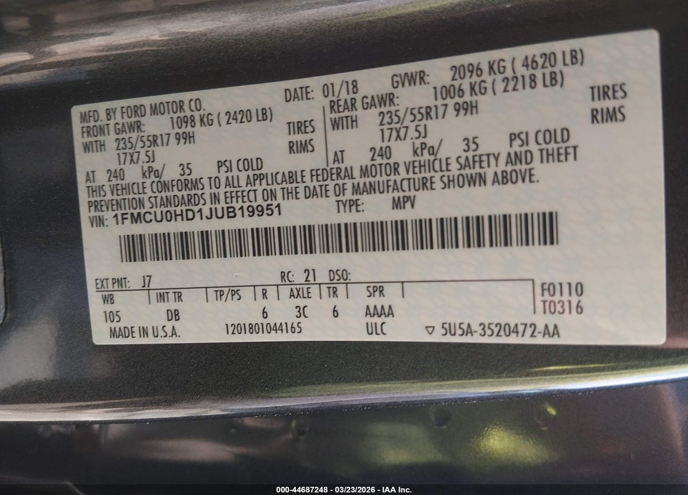 2018 FORD ESCAPE SEL VIN: 1FMCU0HD1JUB19951