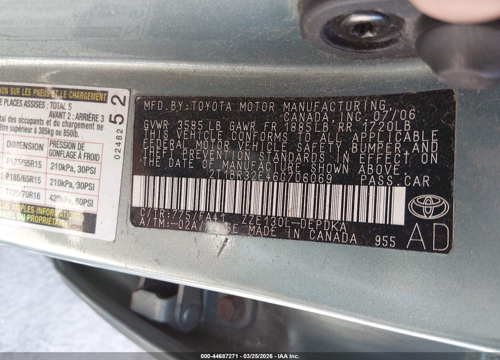 2006 TOYOTA COROLLA CE VIN: 2T1BR32E46C706069