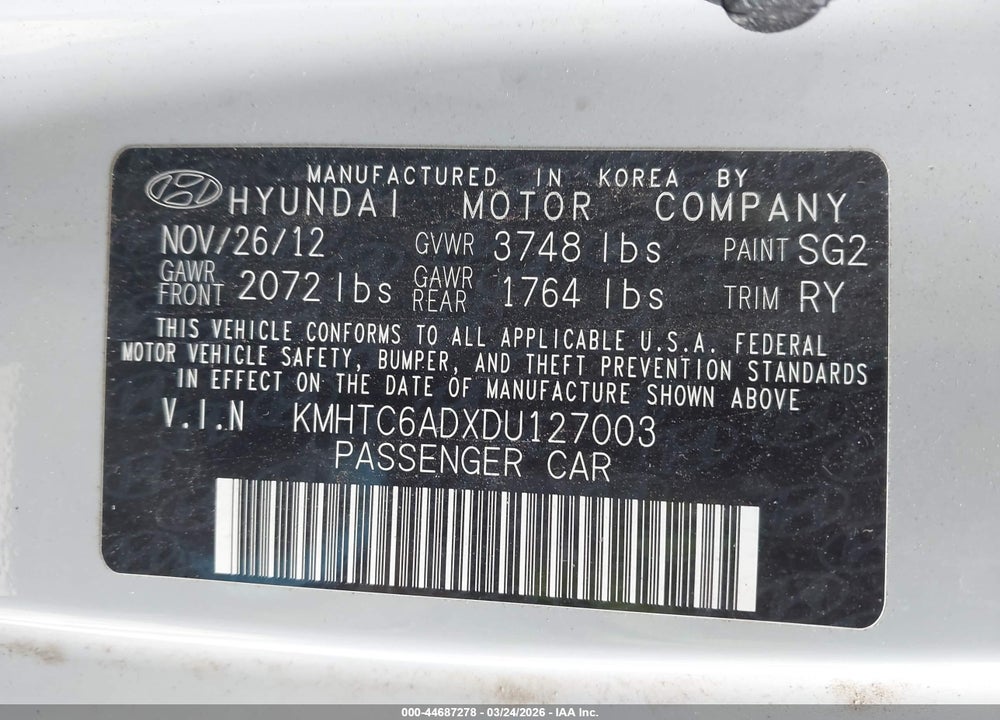 2013 HYUNDAI VELOSTER MIX VIN: KMHTC6ADXDU127003