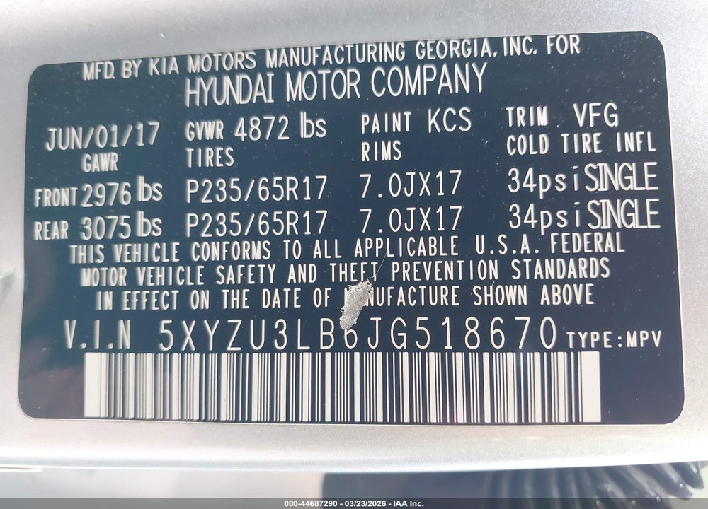 2018 HYUNDAI SANTA FE SPORT 2.4L VIN: 5XYZU3LB6JG518670