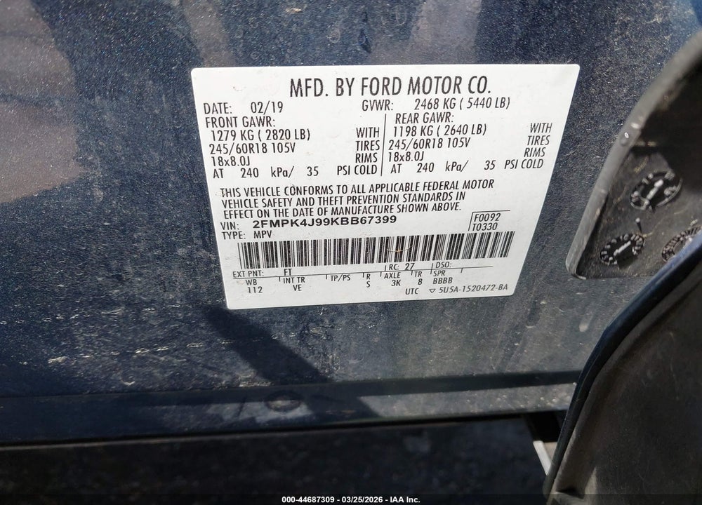 2019 FORD EDGE SEL VIN: 2FMPK4J99KBB67399