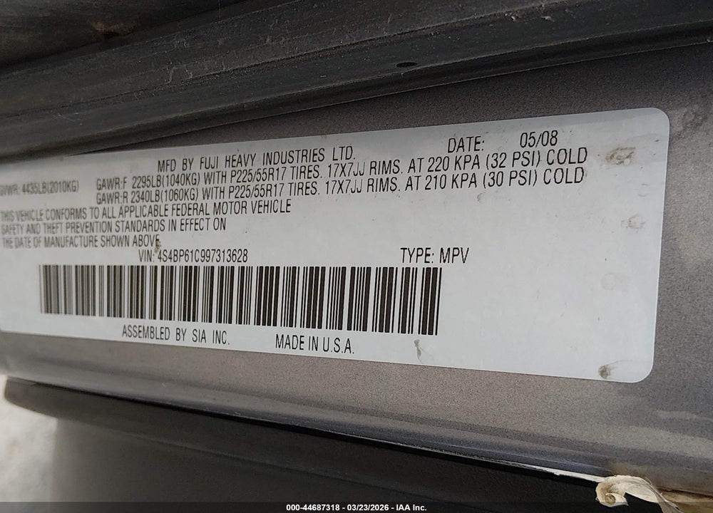 2009 SUBARU OUTBACK 2.5I VIN: 4S4BP61C997313628
